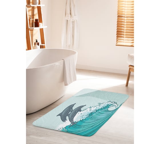 Изображение товара Коврик для ванной комнаты и туалета противоскользящий JOYARTY "Дельфины против волны" 60х100 см bath_11861_60x100