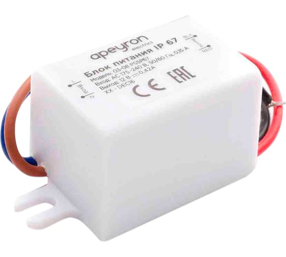 Изображение товара Блок питания Apeyron 12В, 5 Вт, IP67, 0,42А, пластик, 55х26,523 03-08