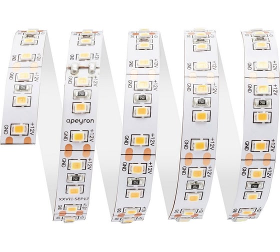 Изображение товара Светодиодная лента Apeyron 12В, СТ, 12Вт/м, smd2835, 120д/м, IP20, 1300Лм/м, подложка 10мм, 5м, 3000К 00-118