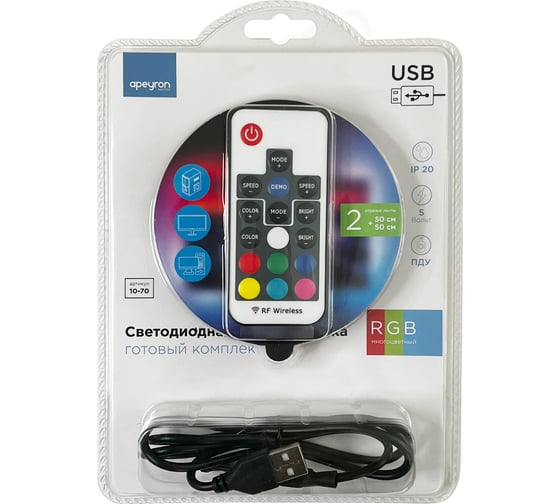 Изображение товара ТВ-подсветка Apeyron, комплект светодиодной ленты 5В, 14,4Вт/м RGB 10-70