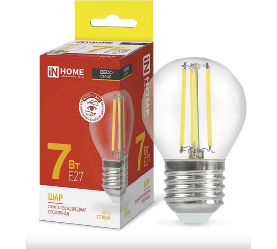 Изображение товара Светодиодная лампа IN HOME LED-ШАР-deco 7Вт 230В Е27 3000К 810Лм прозрачная 4690612016320