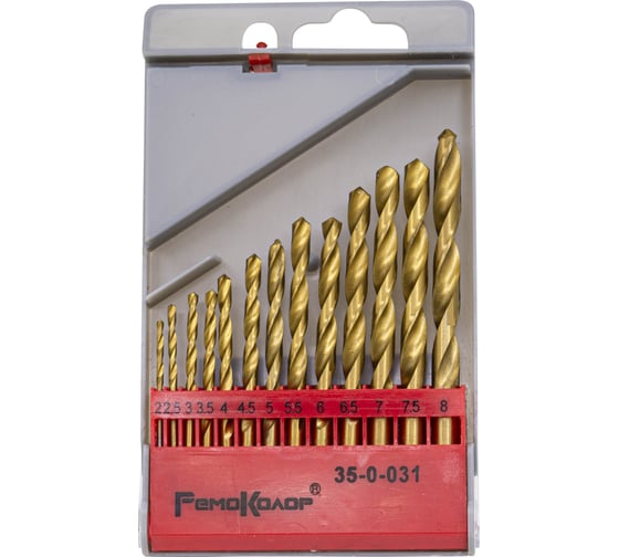 Изображение товара Набор сверл по металлу 2-8 мм с покрытием из нитрида титана, 13шт. РемоКолор 35-0-031