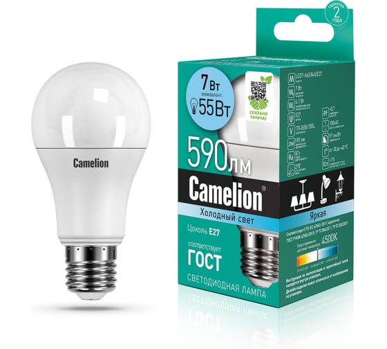 Изображение товара Светодиодная лампа Camelion LED7-A60/845/E27 7Вт 220В 11254