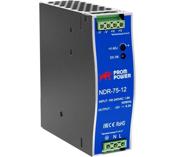 Изображение товара Источник питания Prompower ndr-75-12, на выходе 12 В DC, 6.2 а, 75 Вт. входное 85-264 В AC (120-370 В DC) NDR7512