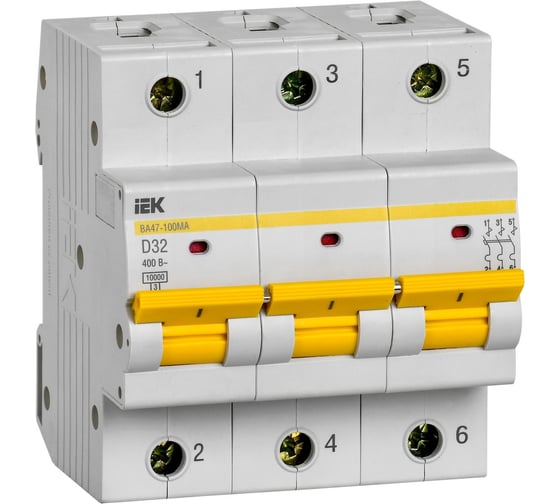 Изображение товара Автоматический выключатель IEK ва47-100ма без тепл. расцеп. 3p 32а 10ка d MVA43-3-032-D
