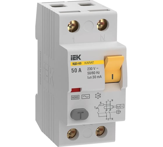 Изображение товара Узо IEK karat вд3-63 2p 50а 30ма 6ка тип ac MDV20-2-050-030