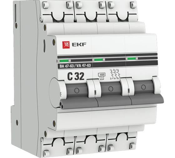 Изображение товара Автоматический выключатель EKF 3P 32А (С) ВА 47-63 4.5кА PROxima mcb4763-3-32C-pro