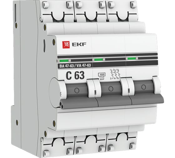 Изображение товара Автоматический трехполюсный выключатель EKF 6А С ВА47-63 4.5кА PROxima 958575