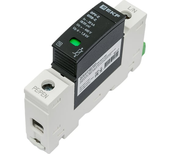 Изображение товара Импульсный однополюсной ограничитель перенапряжения EKF ОПВ-C 1п 20кА 400В 9826188