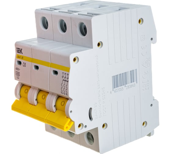 Изображение товара Автоматический трехполюсный выключатель IEK ВА47-29 6А С 4.5кА 9533365