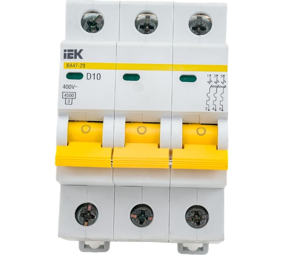 Изображение товара Автоматический трехполюсный выключатель IEK ВА47-29 10А D 4.5кА 9691623