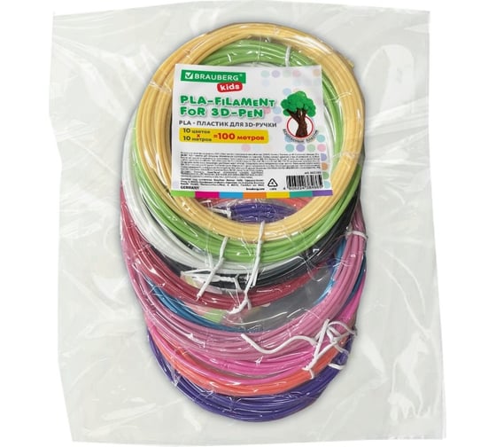 Изображение товара Безопасный Pla-пластик для 3D-ручки BRAUBERG 100 метров, 10 цветов х 10 м, Kids 665189