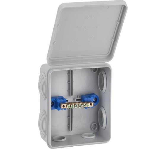 Изображение товара Распределительная коробка Рувинил Тусо для открытой проводки 100x100x50 мм с откидной крышкой уравнивания потенциалов 67045УП