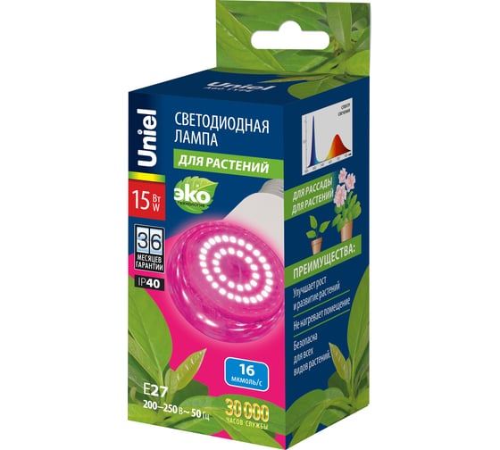 Изображение товара Светодиодная лампа Uniel для растений led-a60-15w/spsb/e27/cl plp30wh UL-00010107