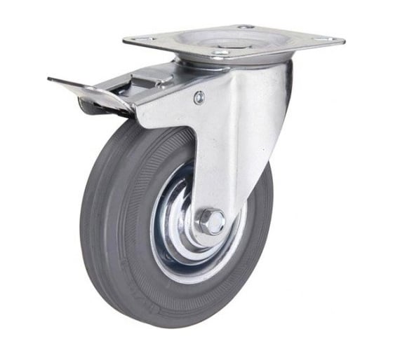 Изображение товара Аппаратное поворотное колесо Tech-Krep п/п обод, серая рез, подшип. скольжения, площадка, D125, с торм. - пакет 148498