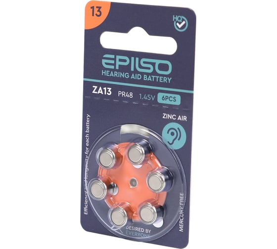 Изображение товара Элементы питания Epilso za13 (pr48) 1.45v 6 шт на блистере EPB-ZA13-6BC