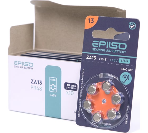 Изображение товара Элементы питания Epilso za13 (pr48) 1.45v упаковка 60 шт EPB-ZA13-60pc