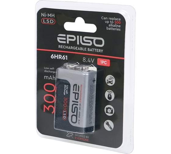 Изображение товара Никель-металл-гидридный аккумулятор Epilso (nimh) крона 6hr61 300mah 8.4v lsd EPB-6HR61-0.3-LSD