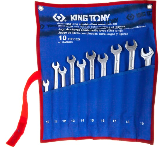Изображение товара Набор комбинированных удлиненных ключей, 10-19 мм, чехол из теторона, 10 предметов KING TONY 12A0MRN