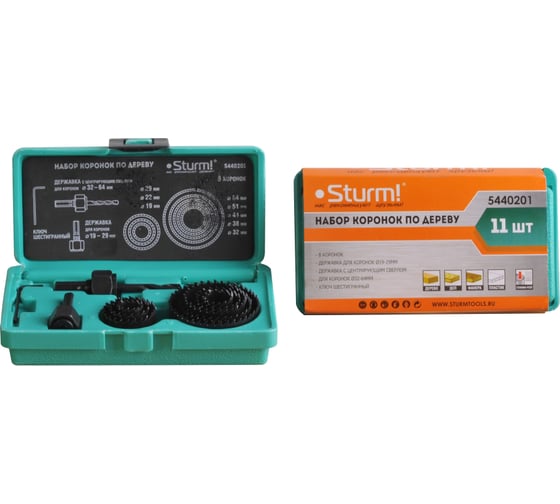 Изображение товара Набор коронок по дереву (11 предметов; 8 коронок 19-64 мм) Sturm 5440201