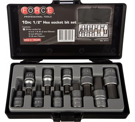 Изображение товара Набор головок c битами HEX 1/2" 10 шт. FORCE 4111