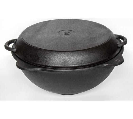 Изображение товара Чугунный казан Davr Metall 12 л круглое дно с крышкой сковородкой казан12(круг)+крыш(сков)12л