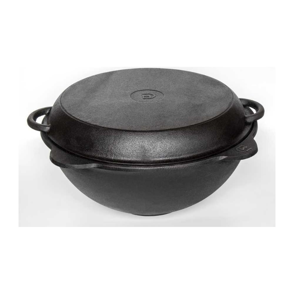 Изображение товара Чугунный казан Davr Metall 22 л плоское дно с крышкой сковородкой казан22(плоск)+крыш(сков)22л