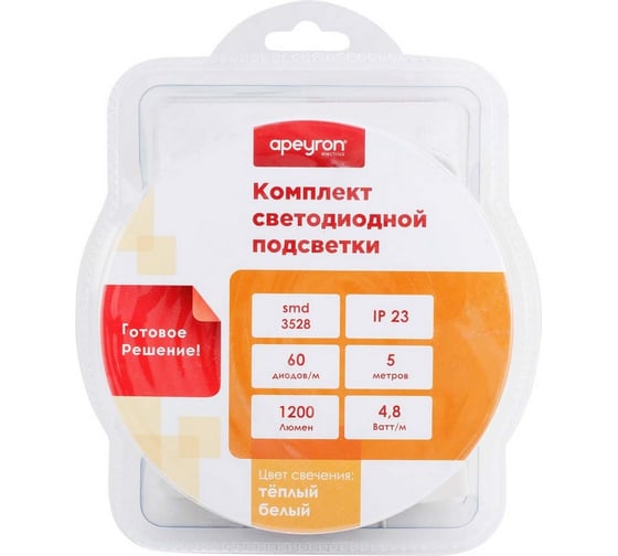 Изображение товара Комплект светодиодной ленты Apeyron 12В, smd 3528, 60 д/м, IP20, 5 м, теплый белый 10-11