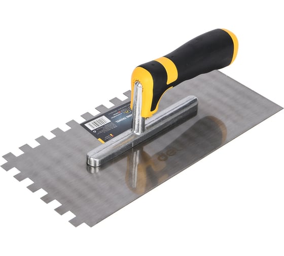 Изображение товара Гладилка (кельма) DELI dl509312 зубчатая нержавеющая прямоугольная прорезиненная рукоять 280x130мм (зуб 10x10мм) 123686