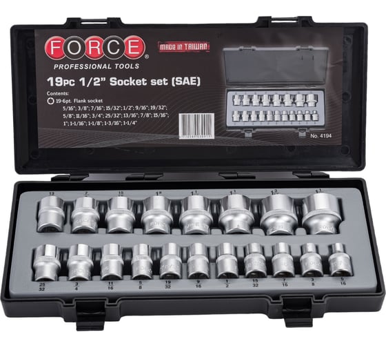 Изображение товара Набор 6 гранных дюймовых головок 1/2" FORCE 4194