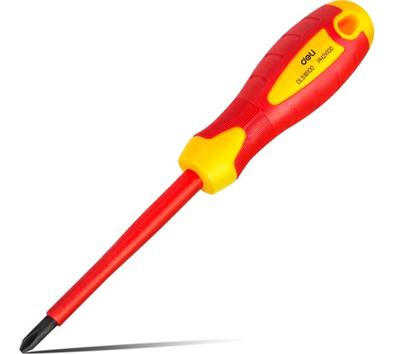 Изображение товара Диэлектрическая крестовая отвертка DELI dl516100 ph2x100мм (сертификат vde до 1000в, магнитный наконечник, сталь cr-v, рукоять pp+tpr) 110592