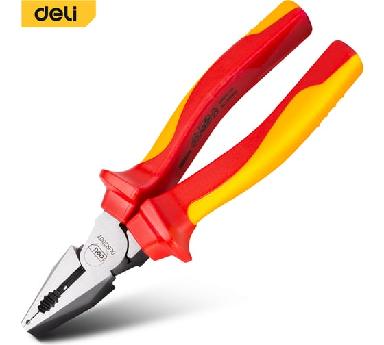 Изображение товара Диэлектрические комбинированные плоскогубцы DELI dl512007 180мм (сертификат vde до 1000в, сталь cr-v, рукоять pp+tpr) 110599