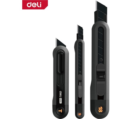Изображение товара Набор технических ножей DELI"Home Series Black" HT4003 (ножи 9мм+18мм+т-образный), эксклюзивный дизайн, корпус из высококачественного soft touch пластика 123286
