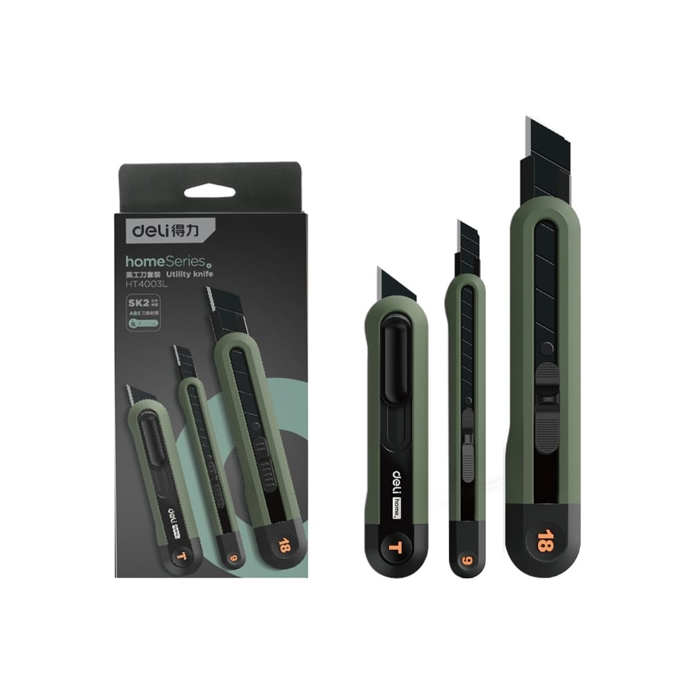 Изображение товара Набор технических ножей DELI "Home Series Green" HT4003L (ножи 9мм+18мм+т-образный), эксклюзивный дизайн, корпус из высококачественного soft touch пластика 123288