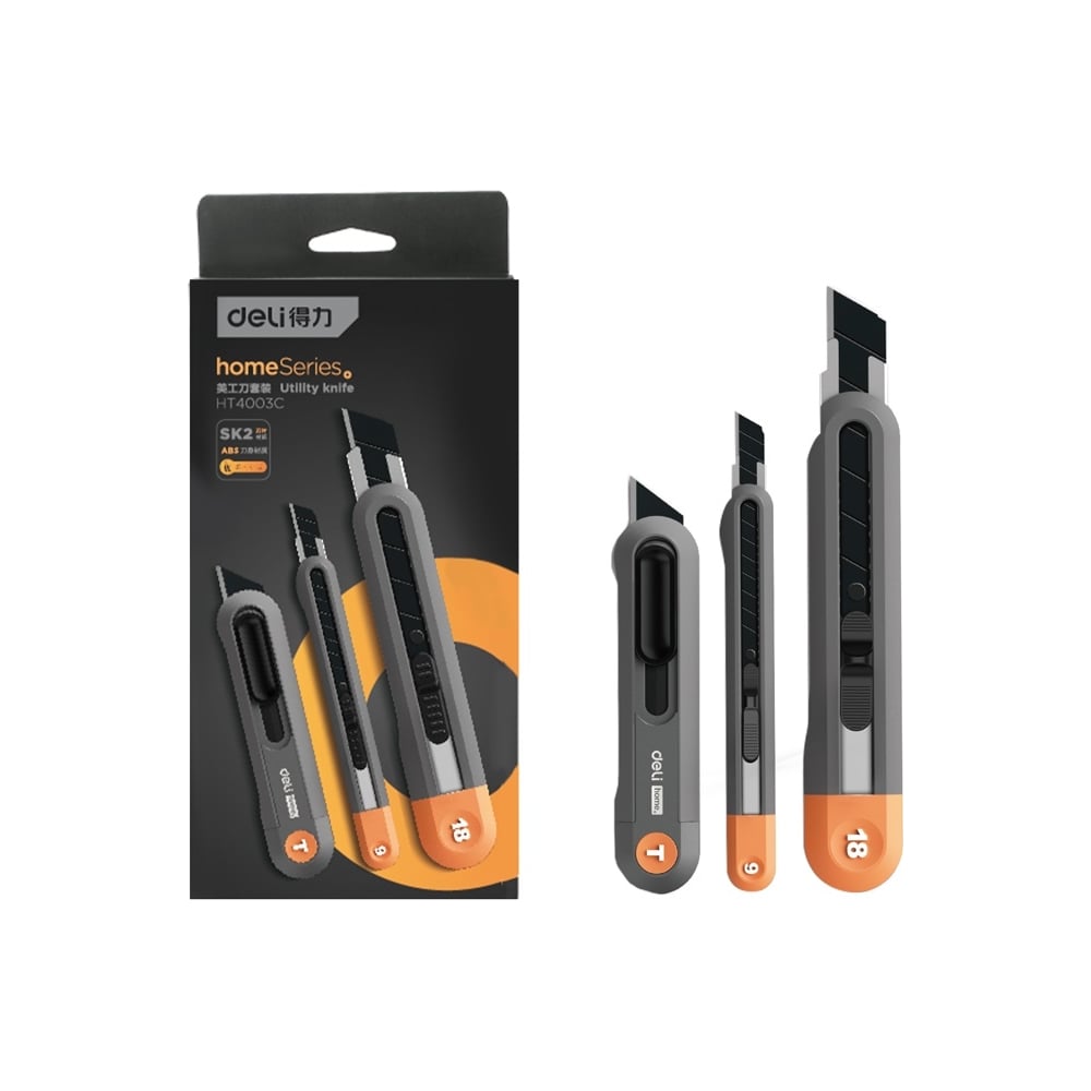Изображение товара Набор технических ножей DELI "home series grey" HT4003C (ножи 9мм+18мм+т-образный), эксклюзивный дизайн, корпус из высококачественного soft touch пластика 123287