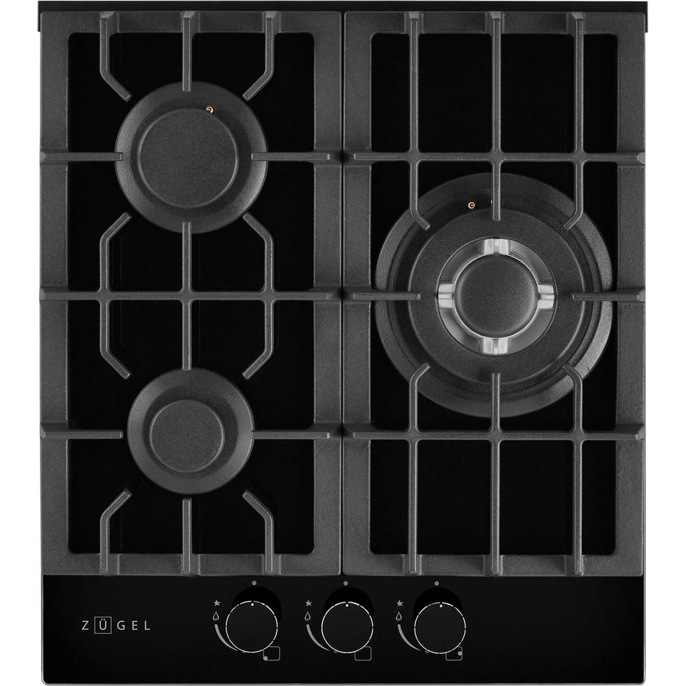 Изображение товара Газовая варочная поверхность ZUGEL ZGH451B 3 конфорки с электророзжигом и газ-контролем