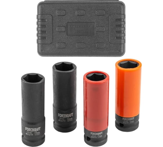Изображение товара Набор головок ударных тонкостенных 4 предмета, (17, 19 + 17, 19 мм в защитном кожухе) 1/2" Forcekraft FK-4032TH44(56090)