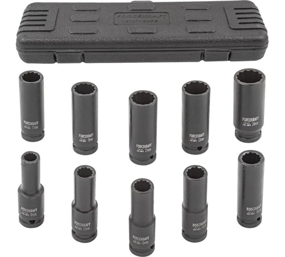 Изображение товара Набор головок ударных глубоких Forcekraft 10пр.,1/2" 12гр.(10,12-15,17,19,21,22,24мм), в пластиковом кейсе fk-4107-9mpb 54556 FK-4107-9MPB(54556)