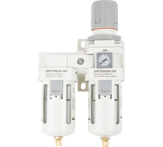 Изображение товара Блок подготовки воздуха 1/2" двухступенчатый с влагоотделителем, регулятором и манометром hd Optimus AFW4000-04