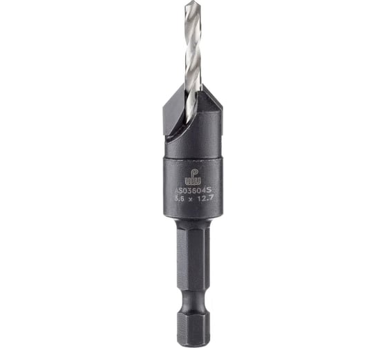Изображение товара Зенковка оправка коническая 12.7 мм, сверло 3.6 мм универсальная спираль s, хвостовик hex1/4,a WPW AS03604S