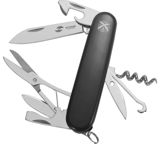 Изображение товара Перочинный нож Stinger 90 мм, 13 функций, материал рукояти: АБС-пластик, черный, в блистере FK-K5018-8PB