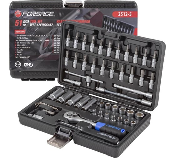 Изображение товара Набор инструментов Forsage 51пр, 1/4" 4-14мм, 6-гран, F-2512-5(51928)