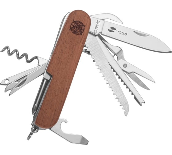 Изображение товара Перочинный нож Stinger 89 мм, 15 функций, материал рукояти: древесина сапеле, в блистере FK-K5014ALLB