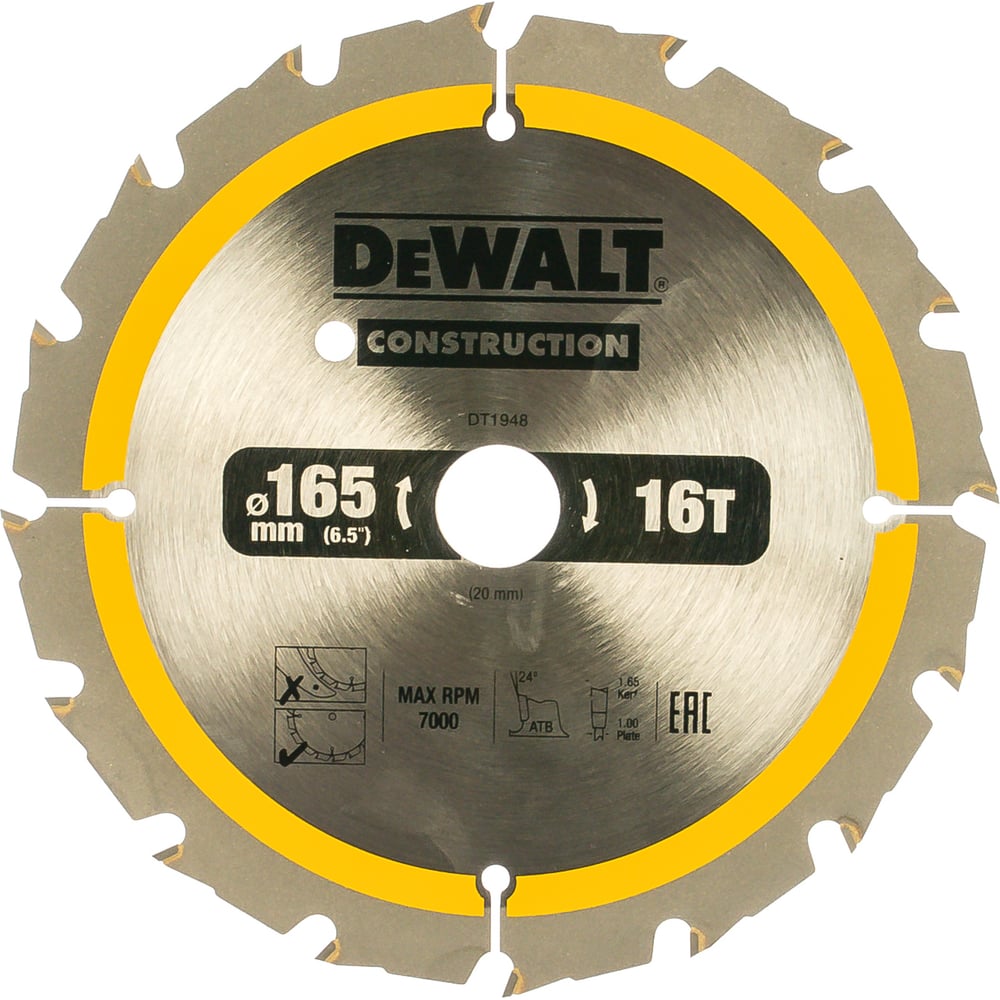 фото Пильный диск construct 165х20 мм, 16т, atb +24град dewalt dt1948