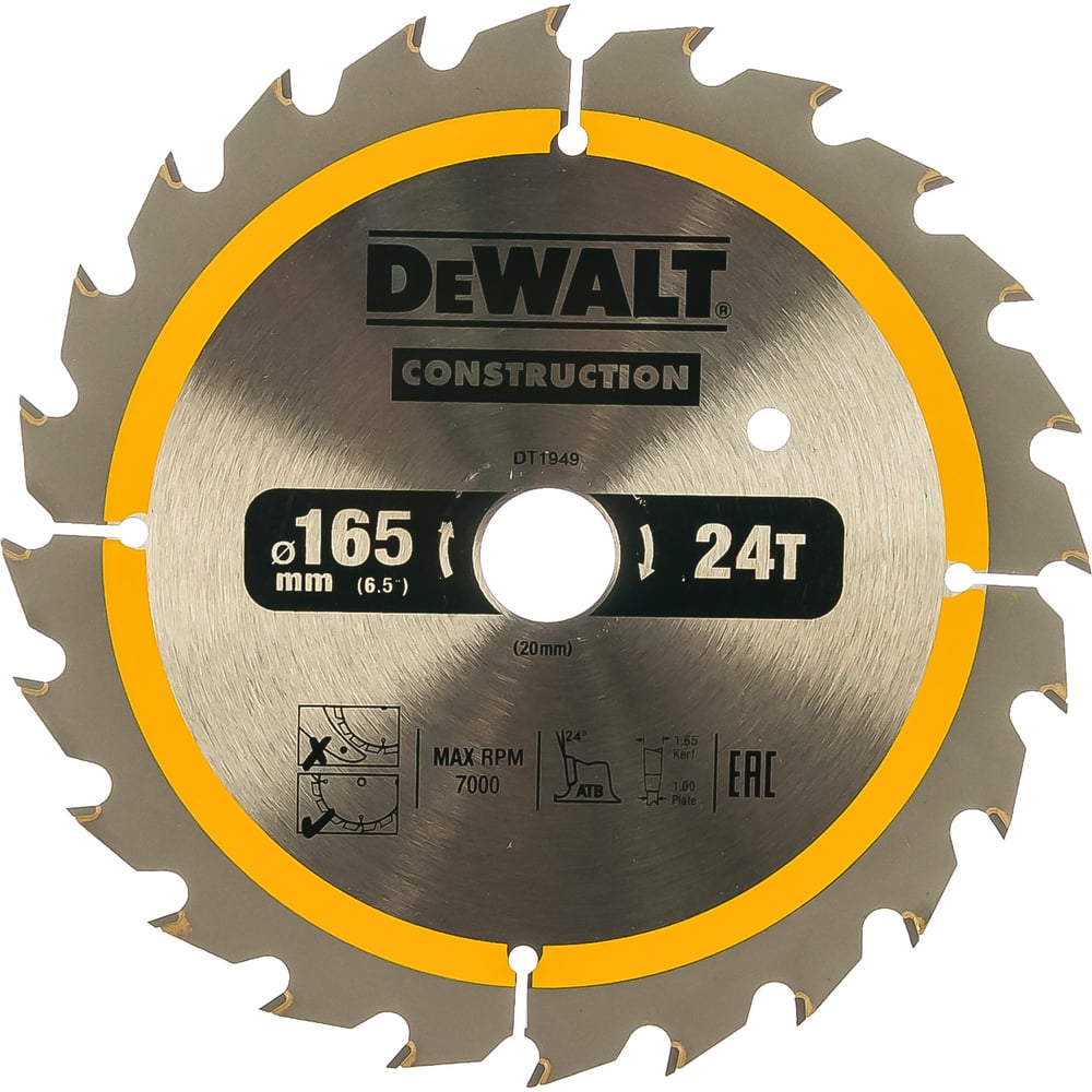 фото Пильный диск construct 165х20 мм, 24т, atb +24град dewalt dt1949