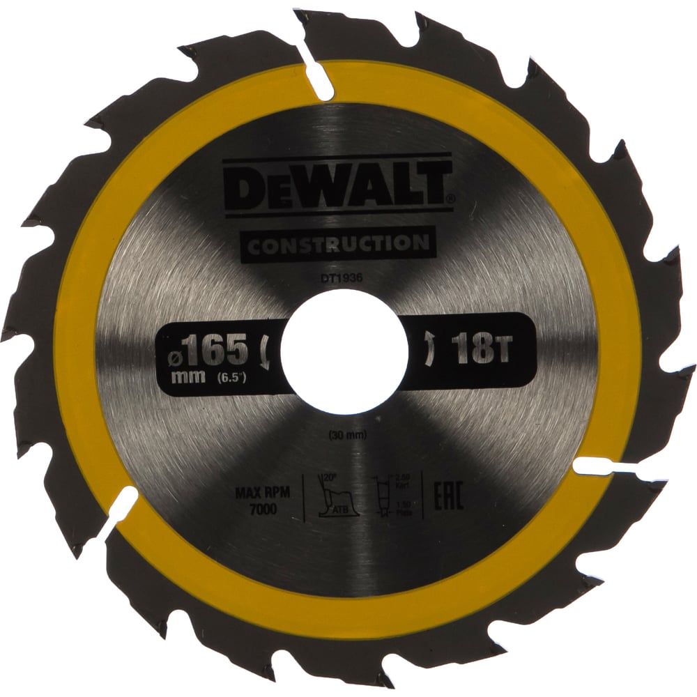 фото Пильный диск construct 165х30 мм, 18т, atb +20град dewalt dt1936