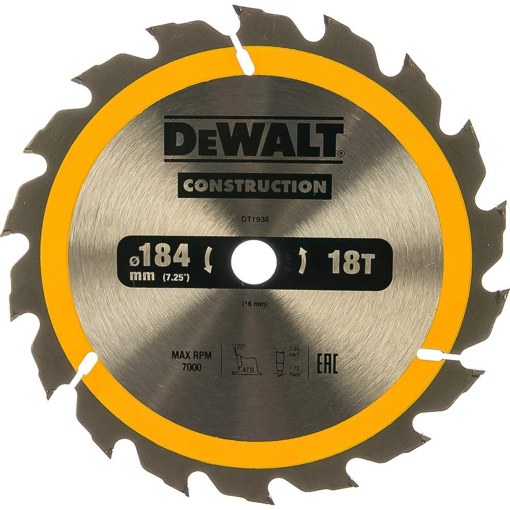 фото Пильный диск construct 184х16 мм, 18т, atb +20град dewalt dt1938