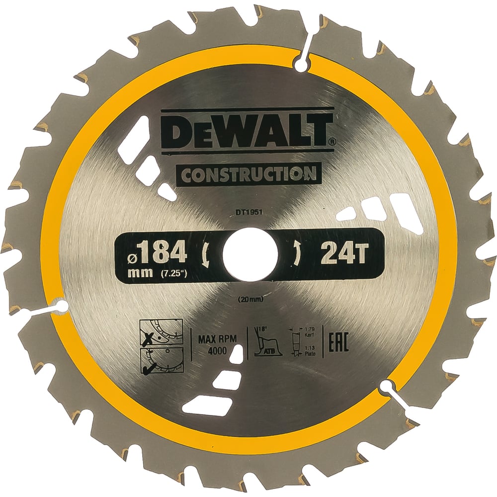 фото Пильный диск construct 184х20 мм, 24т, atb +18град dewalt dt1951