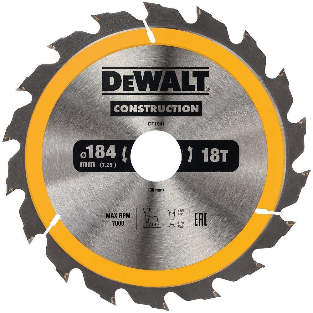 фото Пильный диск construct 184х30 мм, 18т, atb +20град dewalt dt1941