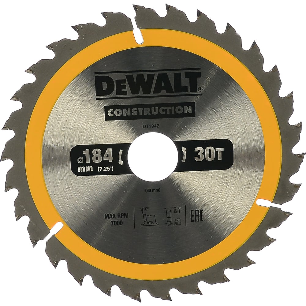 фото Пильный диск construct 184х30 мм, 30т, atb +10град dewalt dt1942